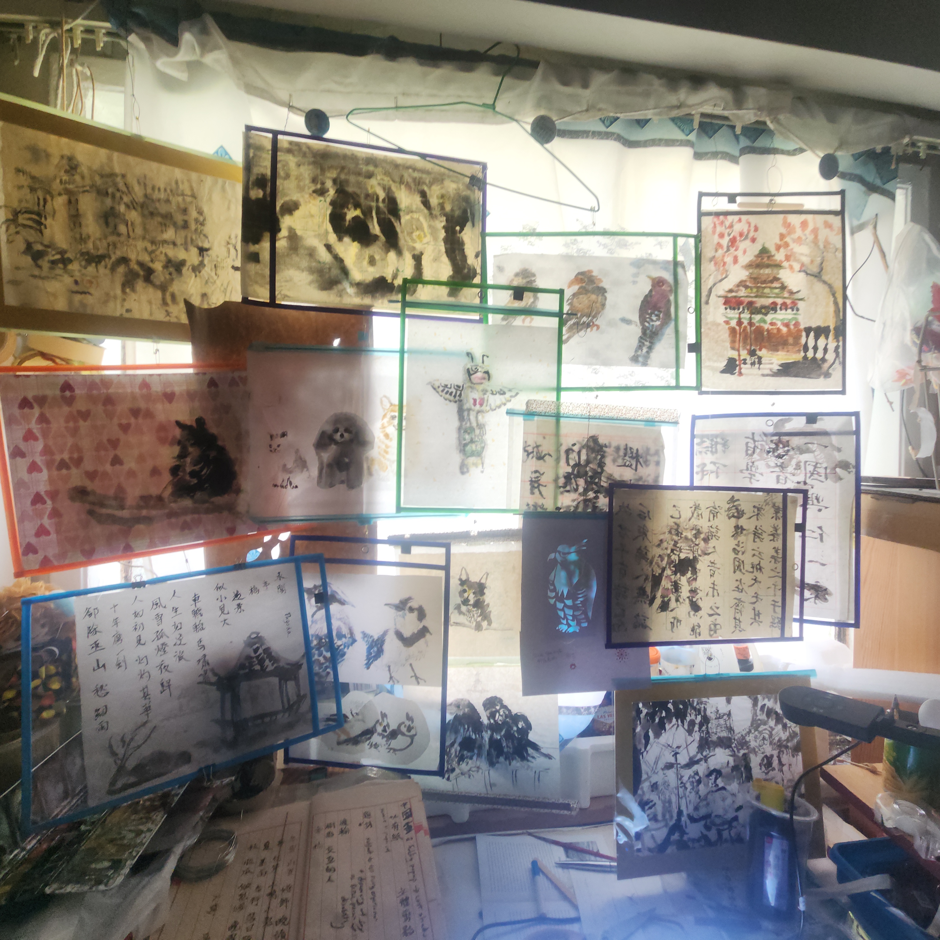 Pilot backlit test of sumi-e as curtain - and ink-brush reinspired back to 3d mini-lantern puppet