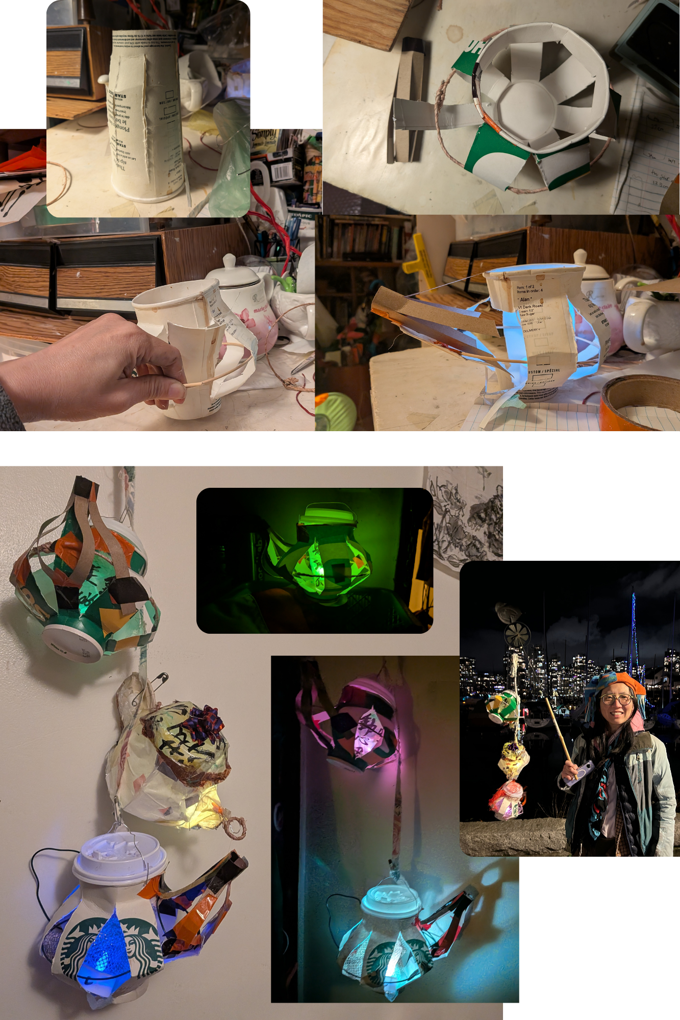 Teapot lantern made from upcycled materials showing intricate shadow play.