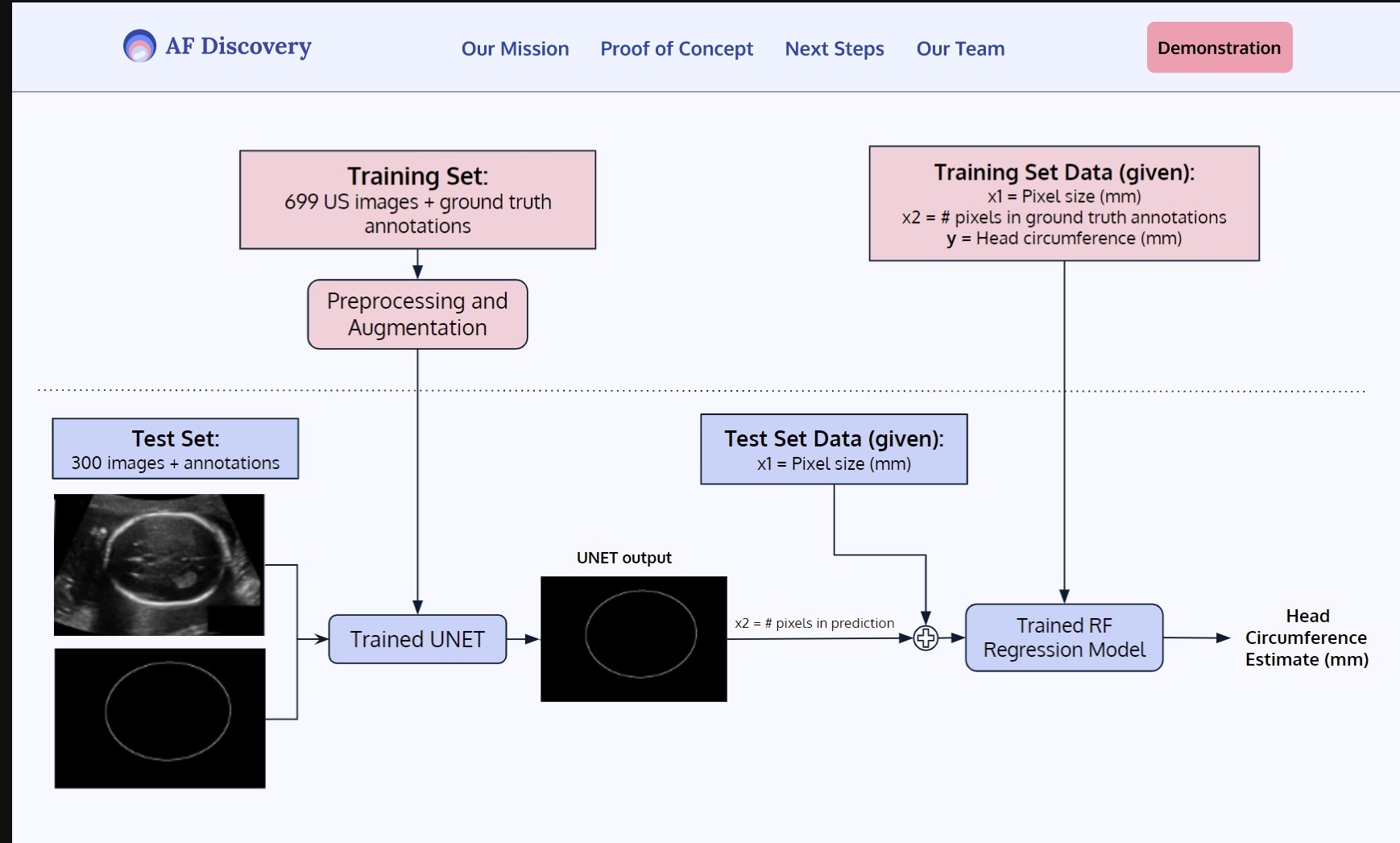 Diagram of the AF Discovery model showing fetal head segmentation and circumference estimation via ultrasound.