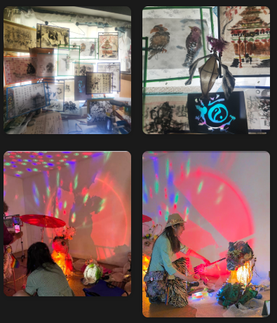 Composite of four photos from Ann K. Chou’s Eco-Illuminessence installation at Xchanges Gallery in June 2025. Includes sumi-e ink panels, glowing fabric lanterns, rainbow lighting, and shadow puppetry in participatory space.
