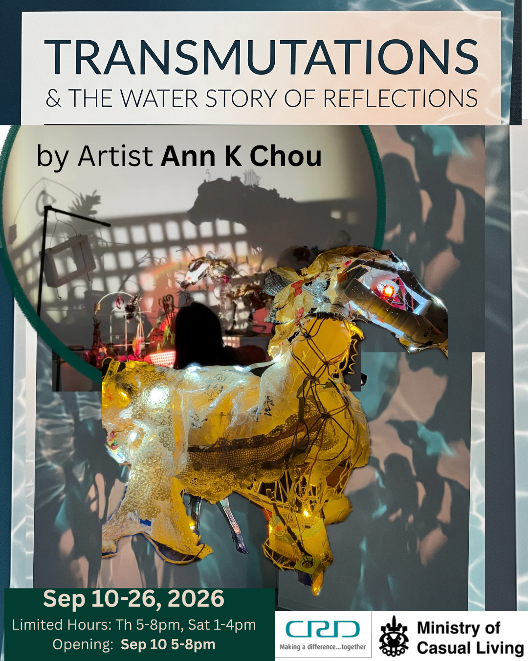 Transmutations & The Water Story of Reflections exhibition poster featuring illuminated lantern figures and shadow projections at Ministry of Casual Living.
