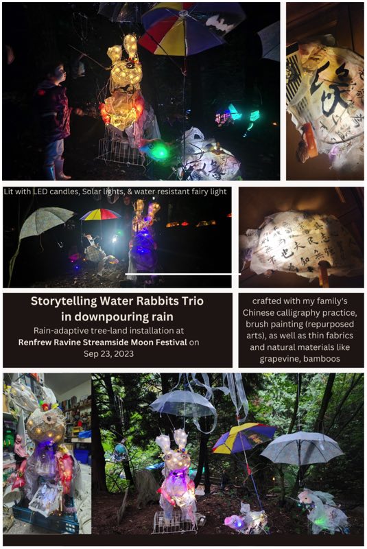 Three illuminated rabbit sculptures with umbrellas sit beneath trees at night during rain. They are handmade with sumi-e brushwork and eco-friendly materials for the 2023 Renfrew Ravine Moon Festival.