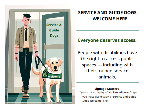 Illustrated poster showing a person with a guide dog entering a building, dog alert and focused.