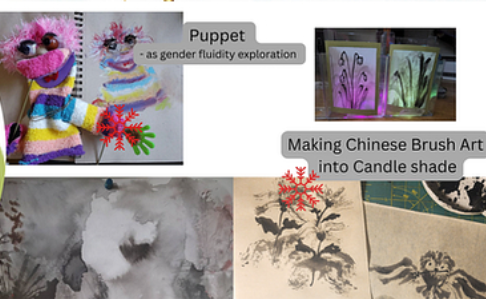 Left: Sock puppet held on stage; Right: Candlelit sumi-e painting glowing with fluid brushstrokes.